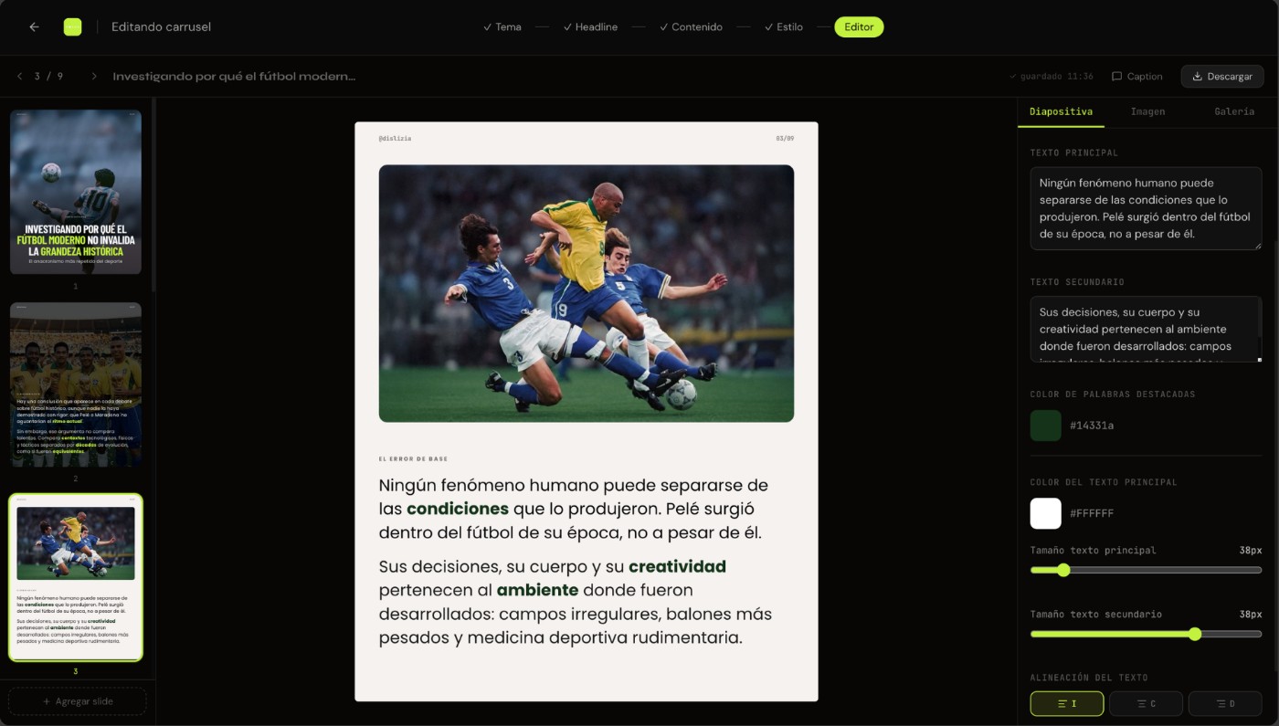 Editor de Dislizia: pantalla Tema del carrusel